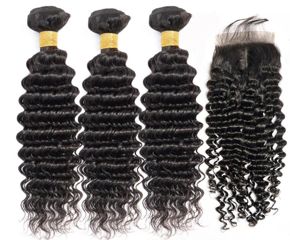 10A Grade Deep Wave Human Hair bundles with 4x4 closure and 13x4 frontal, showcasing luxurious texture and natural color.