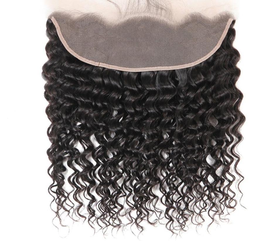 10A Grade Deep Wave Human Hair bundles with 4x4 closure and 13x4 frontal, showcasing luxurious texture and natural color.