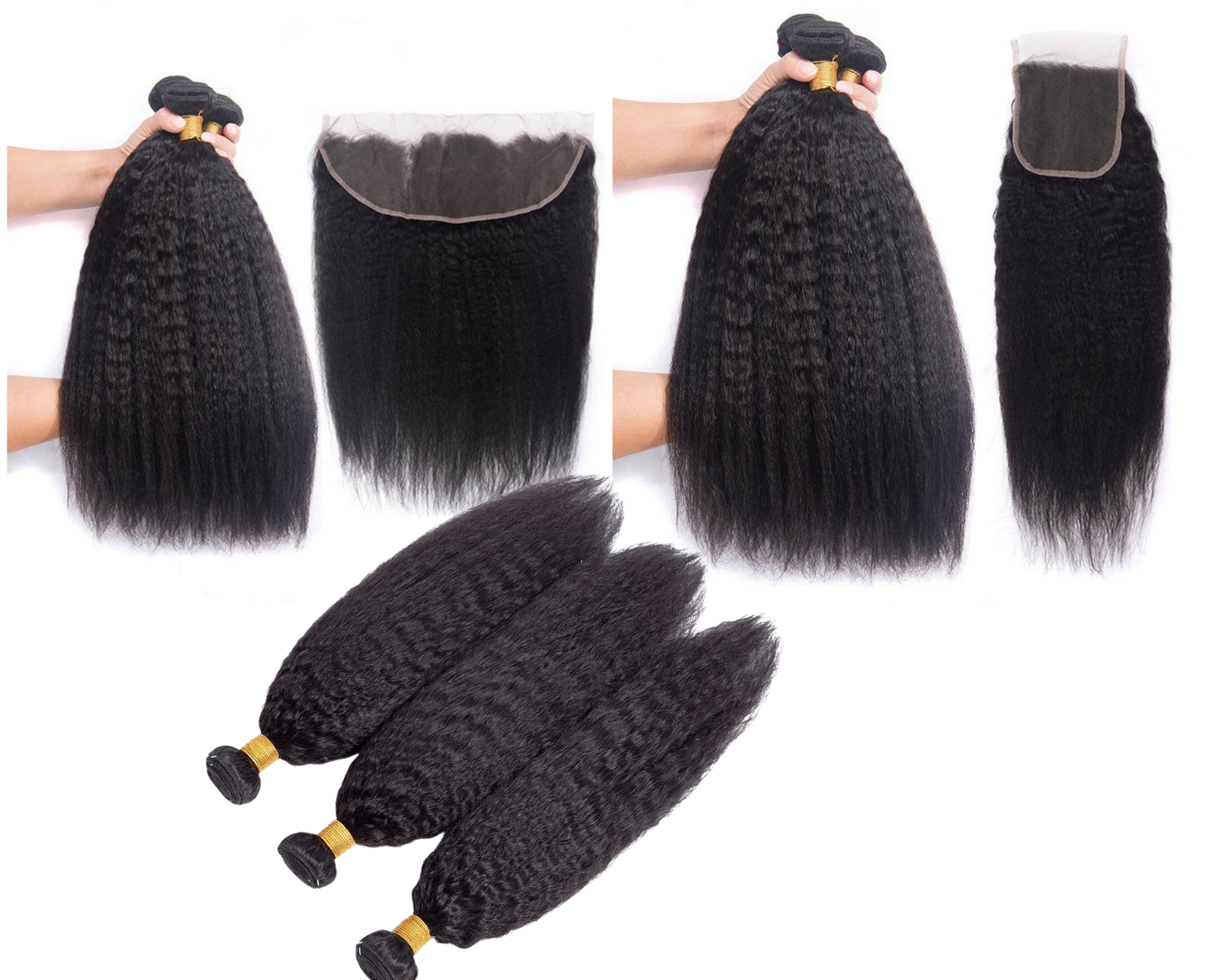 10A Grade Kinky Straight Hair Bundles with 4x4 Closure and 13x4 Frontal, showcasing natural texture and premium quality.