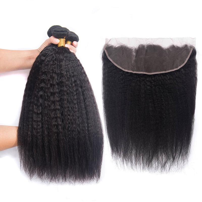 10A Grade Kinky Straight Hair Bundles with 4x4 Closure and 13x4 Frontal, showcasing natural texture and premium quality.