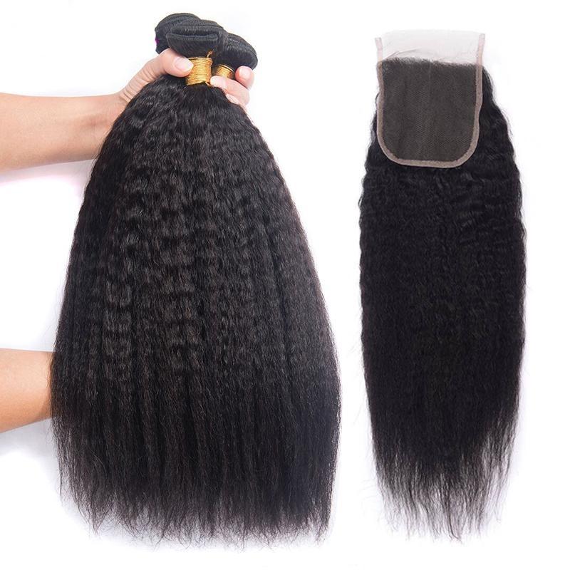 10A Grade Kinky Straight Hair Bundles with 4x4 Closure and 13x4 Frontal, showcasing natural texture and premium quality.
