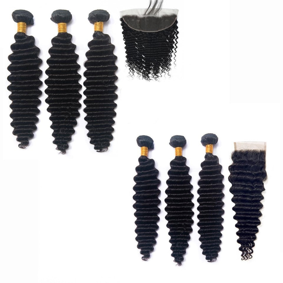 10A Grade Loose Deep Wave hair bundles with 4x4 closure and 13x4 frontal, showcasing natural color and luxurious texture.