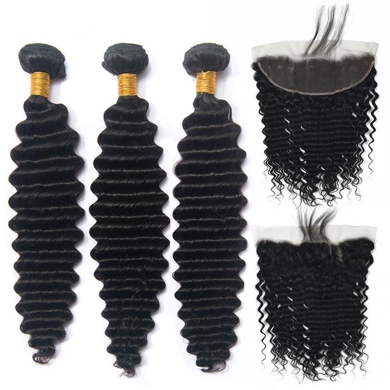 10A Grade Loose Deep Wave hair bundles with 4x4 closure and 13x4 frontal, showcasing natural color and luxurious texture.