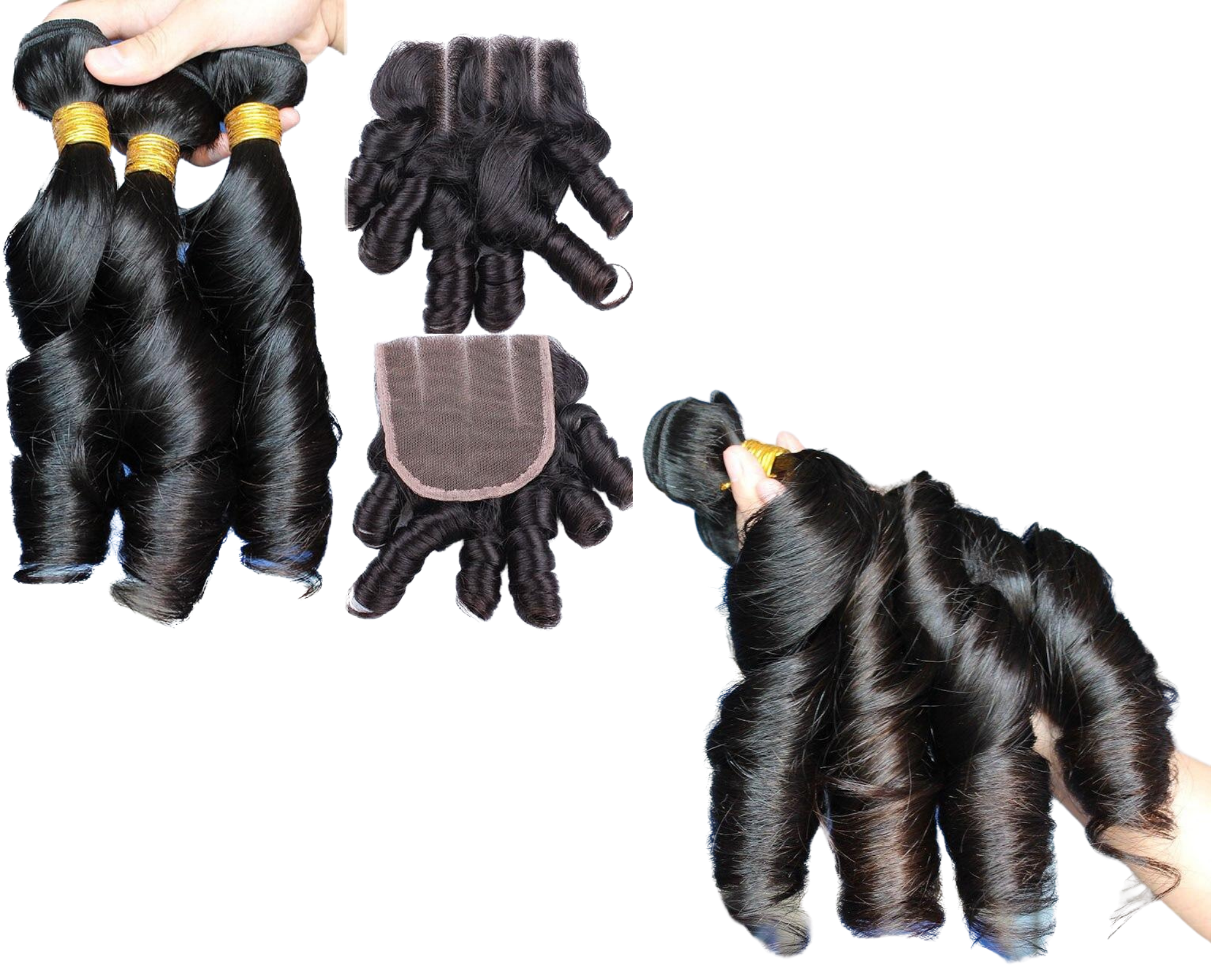 10A Grade Romance Curl Fumi Human Hair bundles with 4x4 closures, showcasing natural curls and high-quality Swiss lace.