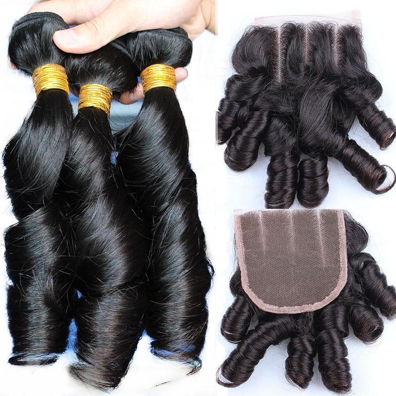 10A Grade Romance Curl Fumi Human Hair bundles with 4x4 closures, showcasing natural curls and high-quality Swiss lace.