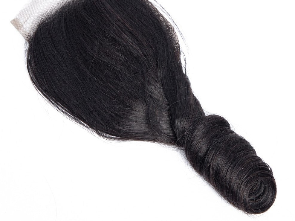 10A Grade 3/4 Straight Bouncy Curl Fumi Human Hair bundles with 4x4 lace closure, showcasing natural color and texture.