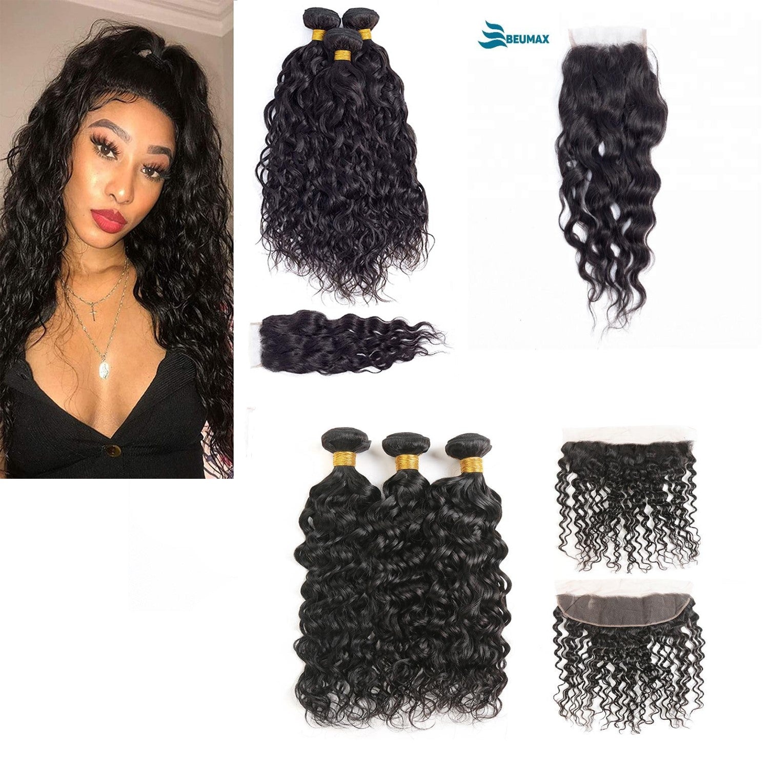 10A Grade Water Wave Human Hair bundles with 4x4 closure and 13x4 frontal, showcasing natural color and luxurious texture.