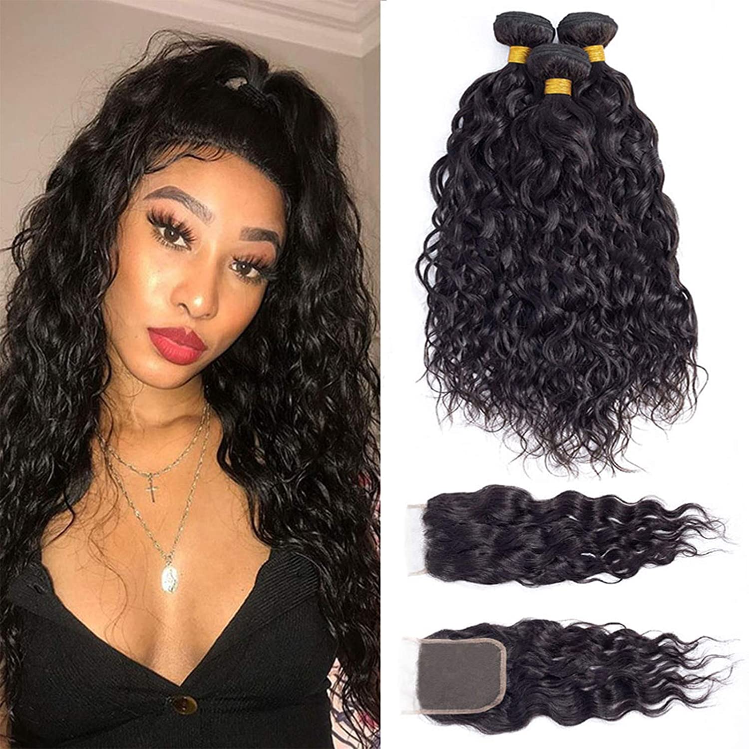 10A Grade Water Wave Human Hair bundles with 4x4 closure and 13x4 frontal, showcasing natural color and luxurious texture.