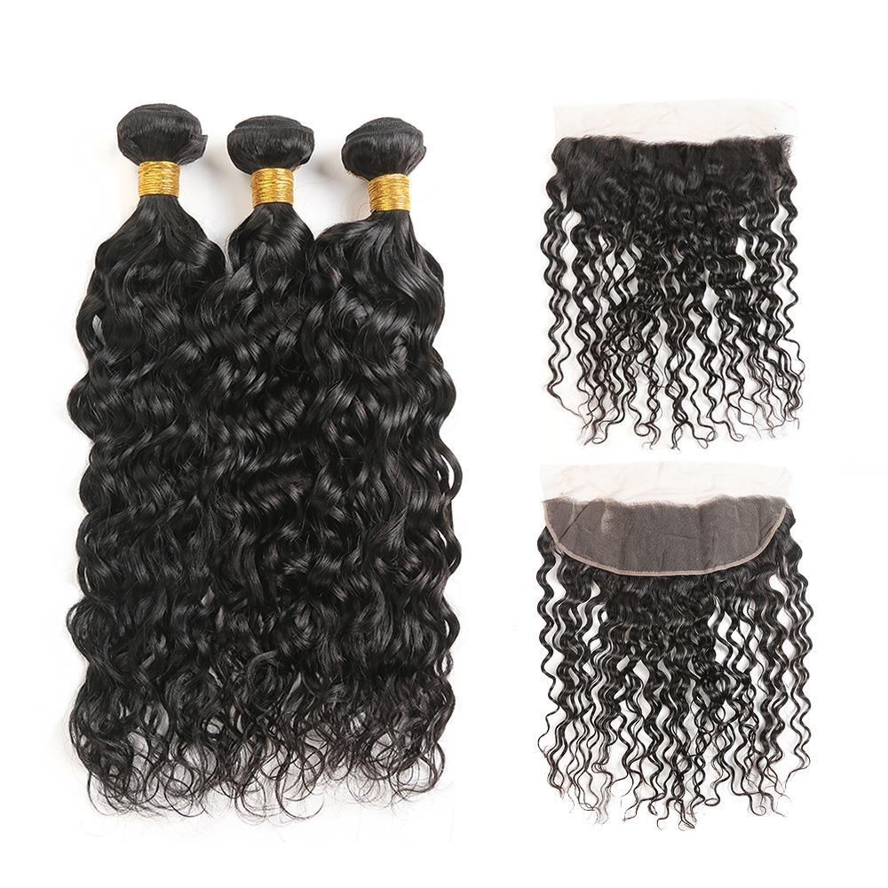 10A Grade Water Wave Human Hair bundles with 4x4 closure and 13x4 frontal, showcasing natural color and luxurious texture.