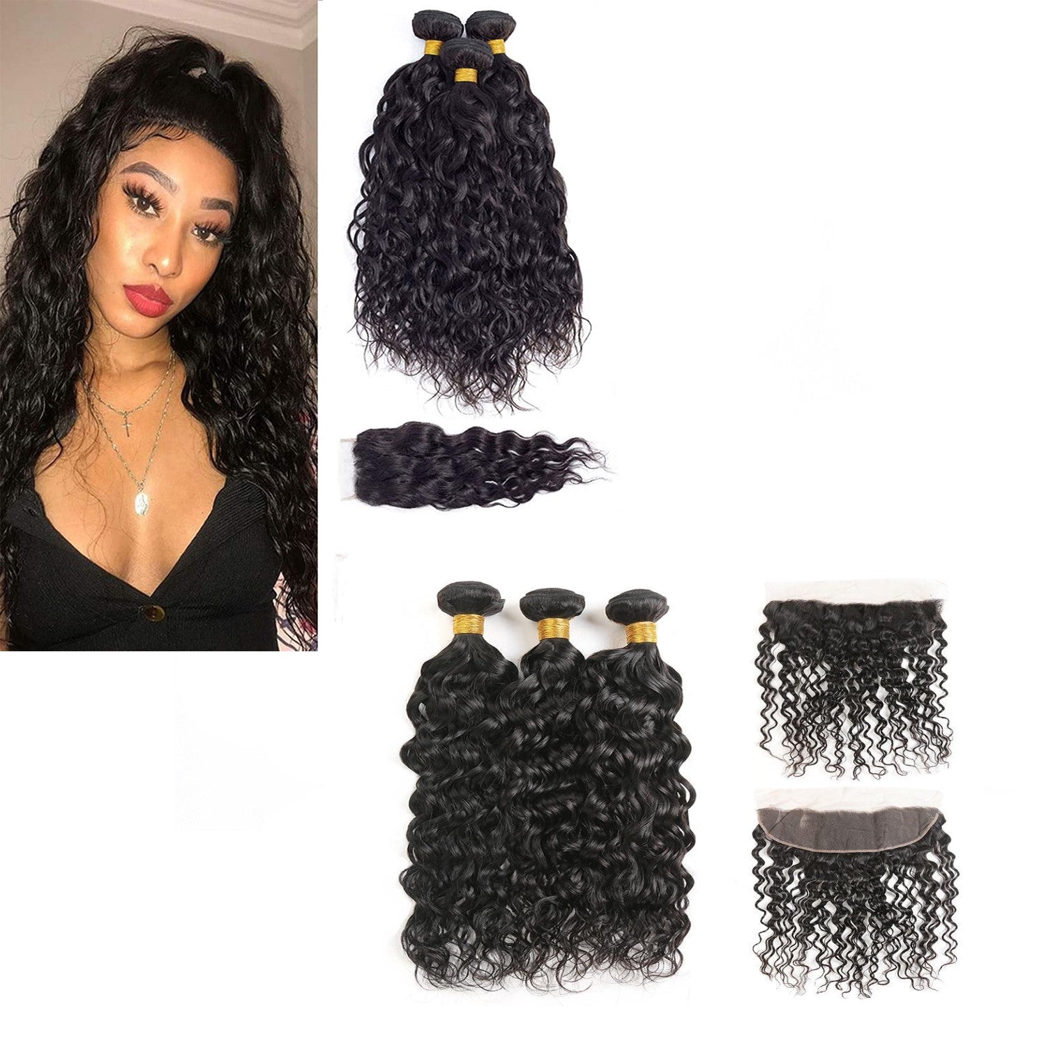 10A Grade Water Wave Human Hair bundles with 4x4 closure and 13x4 frontal, showcasing natural color and luxurious texture.
