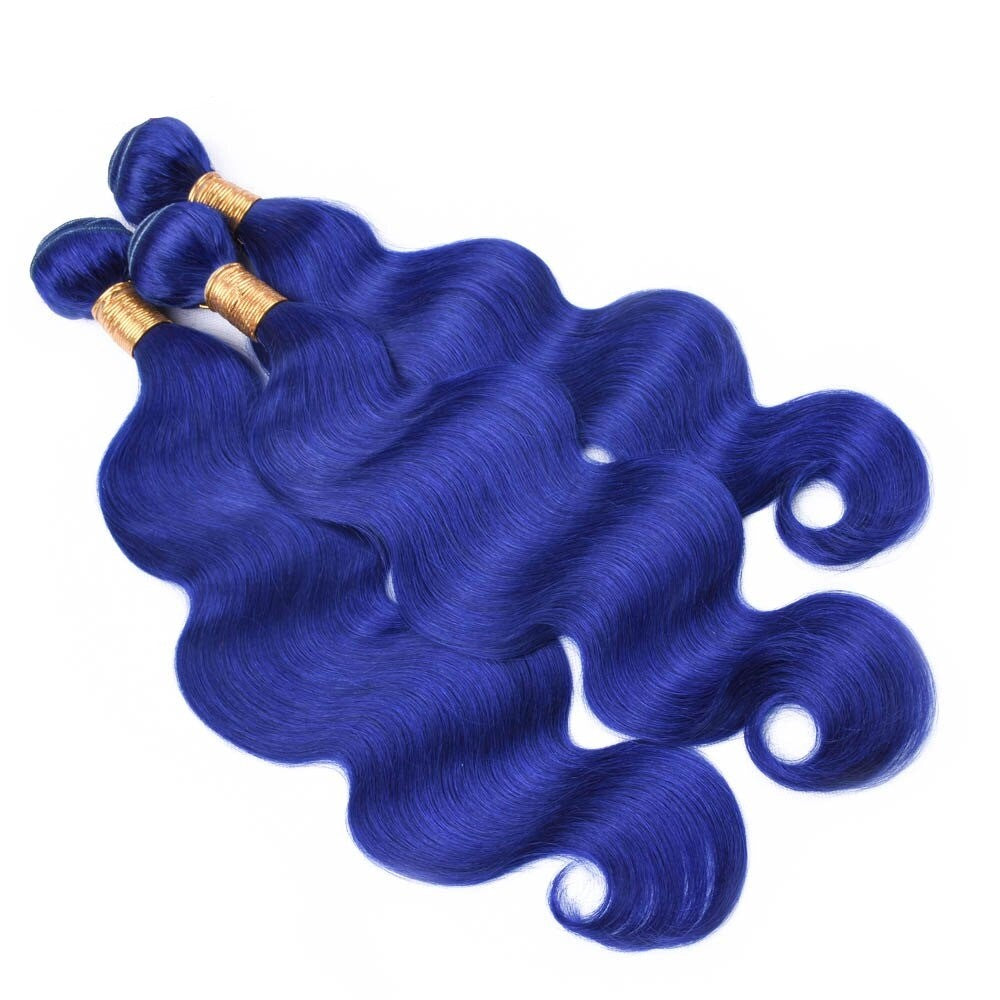 10A Grade Blue Body Wave Bundles with Closures and Frontals, showcasing vibrant blue color and luxurious texture.