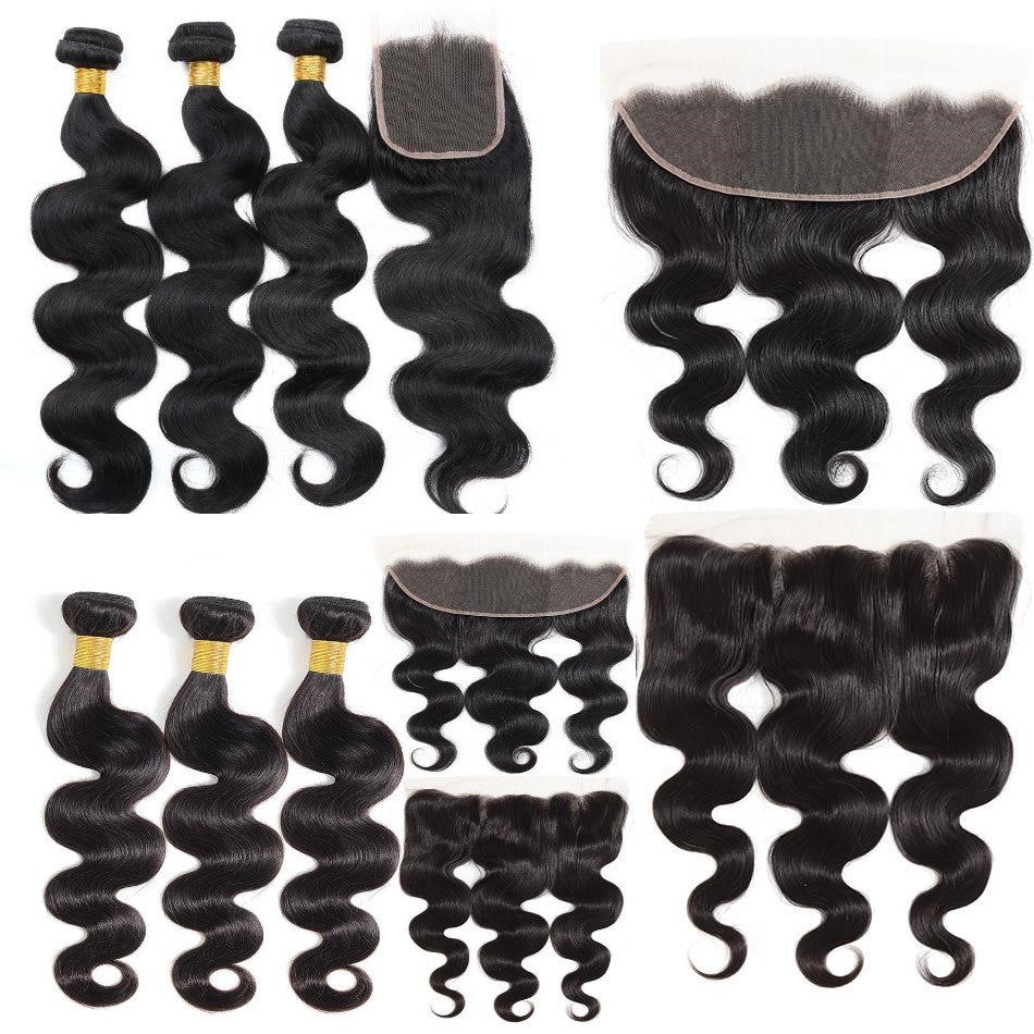 10A Grade Body Wave Human Hair Bundles with 4x4 Closure, showcasing luxurious texture and natural color.