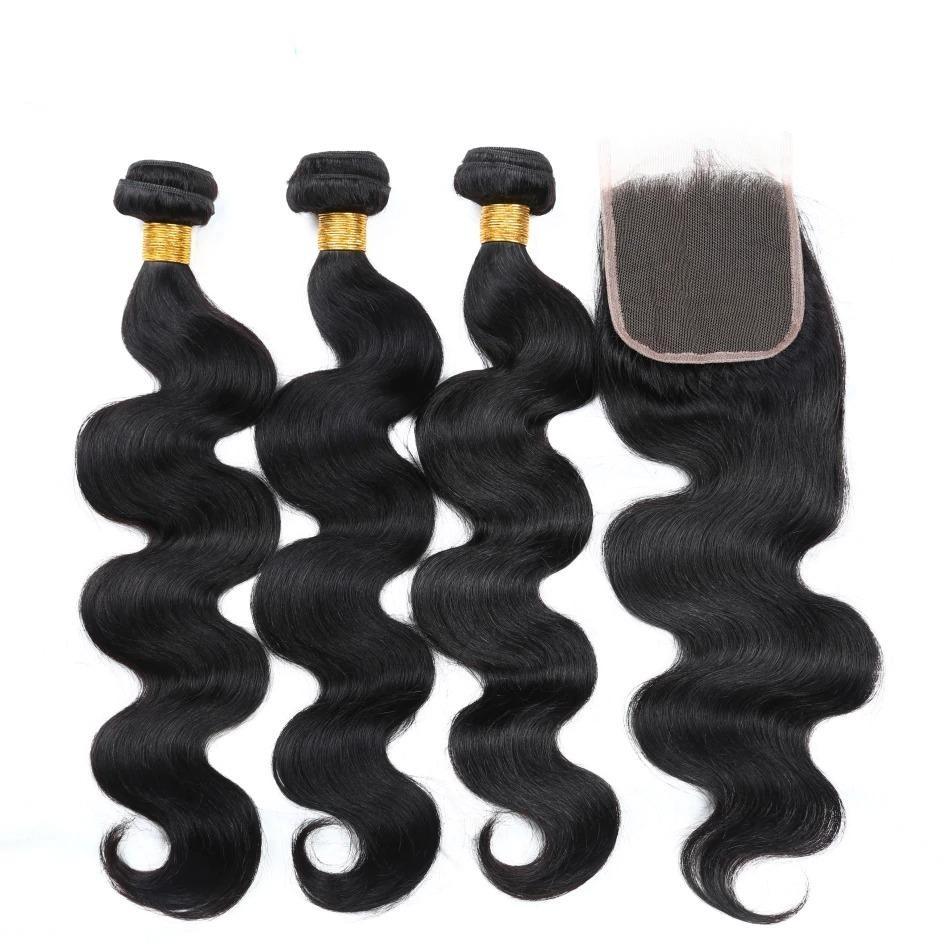 10A Grade Body Wave Human Hair Bundles with 4x4 Closure, showcasing luxurious texture and natural color.