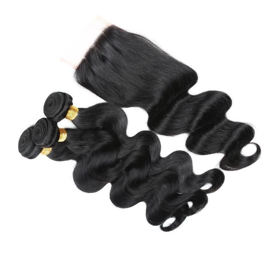 10A Grade Body Wave Human Hair Bundles with 4x4 Closure, showcasing luxurious texture and natural color.
