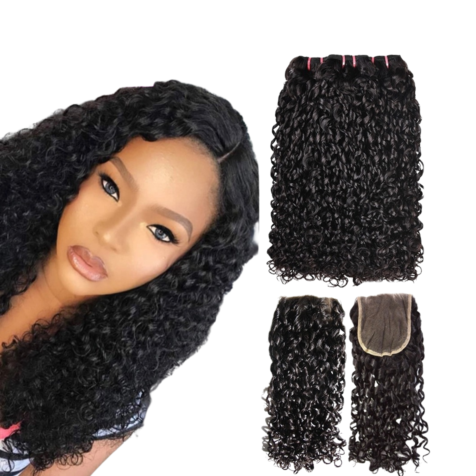 10A Grade Brazilian Pissy Curly Fumi Human Hair bundles with 4x4 lace closure, showcasing natural color and bouncy texture.