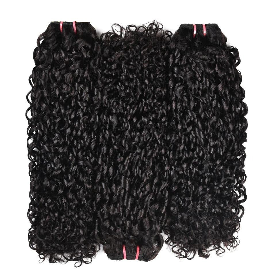 10A Grade Brazilian Pissy Curly Fumi Human Hair bundles with 4x4 lace closure, showcasing natural color and bouncy texture.