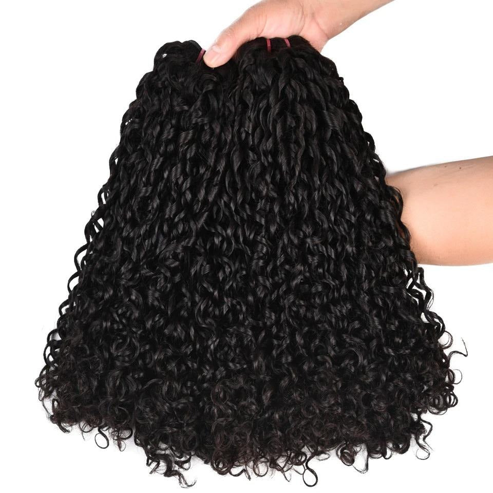 10A Grade Brazilian Pissy Curly Fumi Human Hair bundles with 4x4 lace closure, showcasing natural color and bouncy texture.