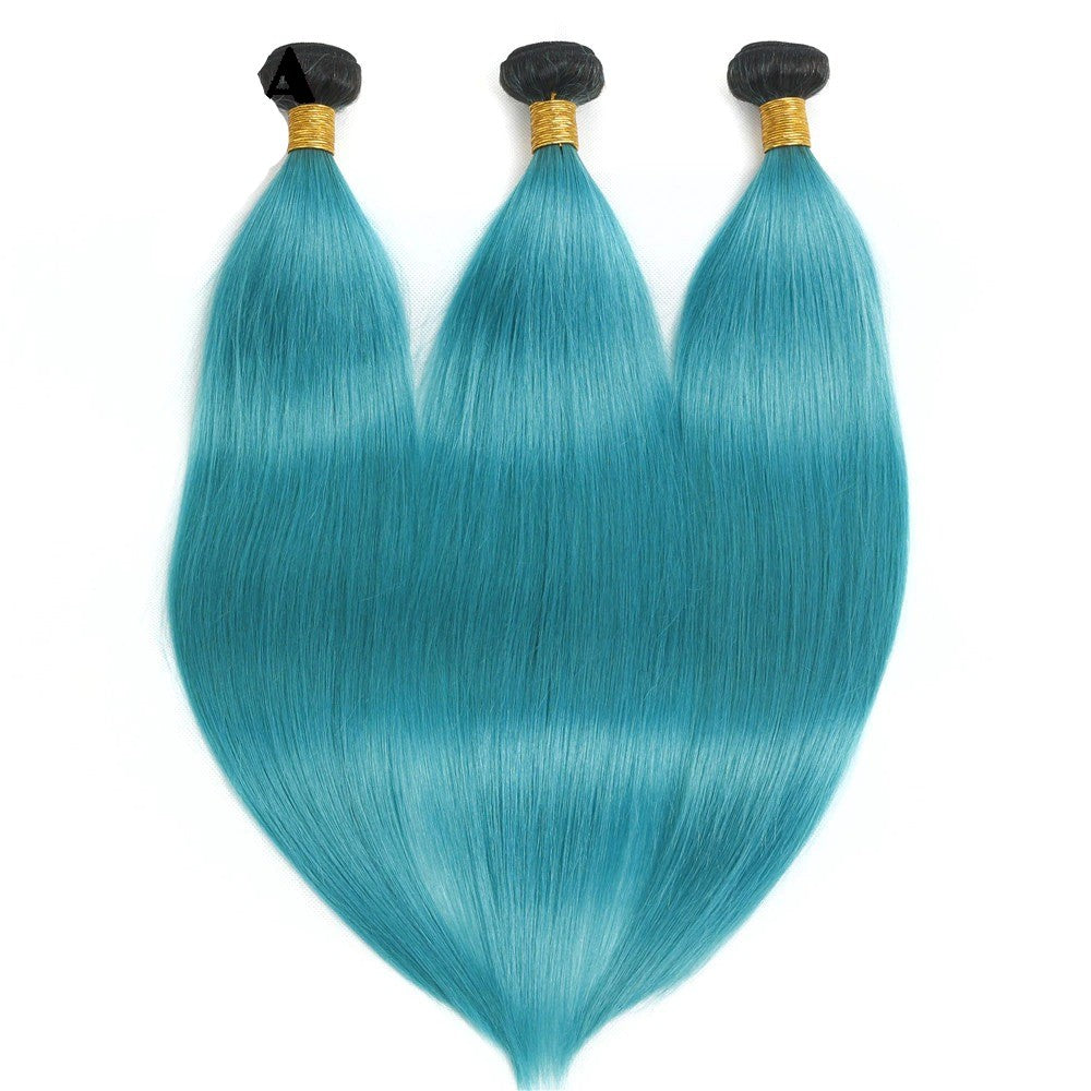 10A Grade Light Blue Straight Hair Bundles with Closures and Frontals, showcasing vibrant color and premium quality.