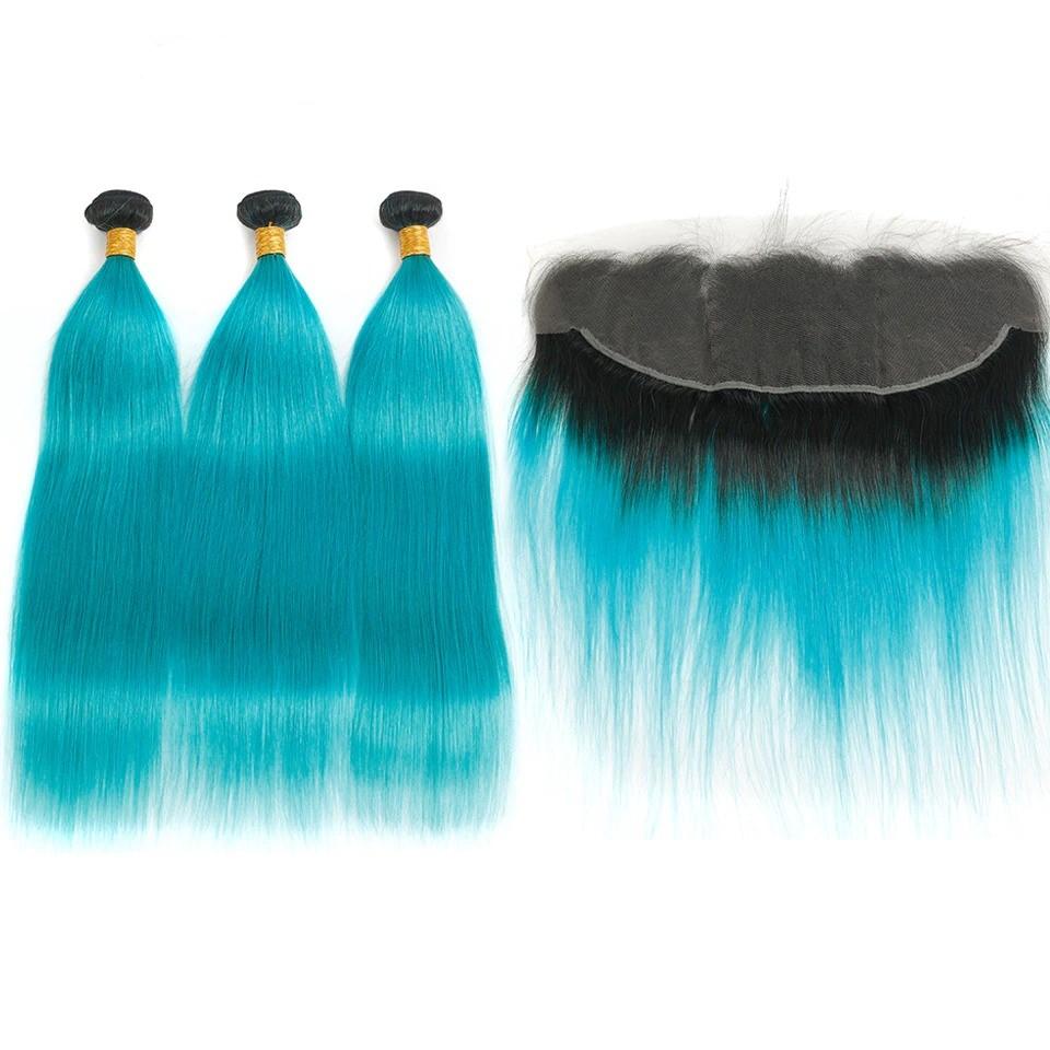 10A Grade Light Blue Straight Hair Bundles with Closures and Frontals, showcasing vibrant color and premium quality.