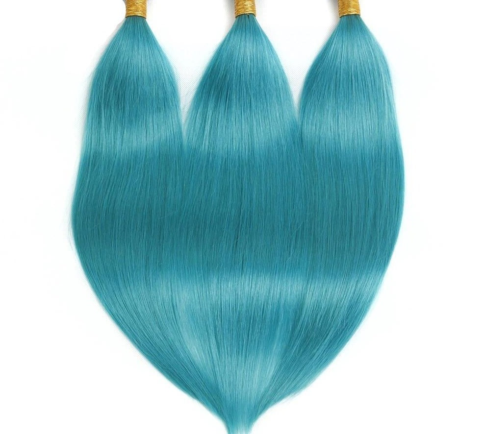 10A Grade Light Blue Straight Hair Bundles with Closures and Frontals, showcasing vibrant color and premium quality.