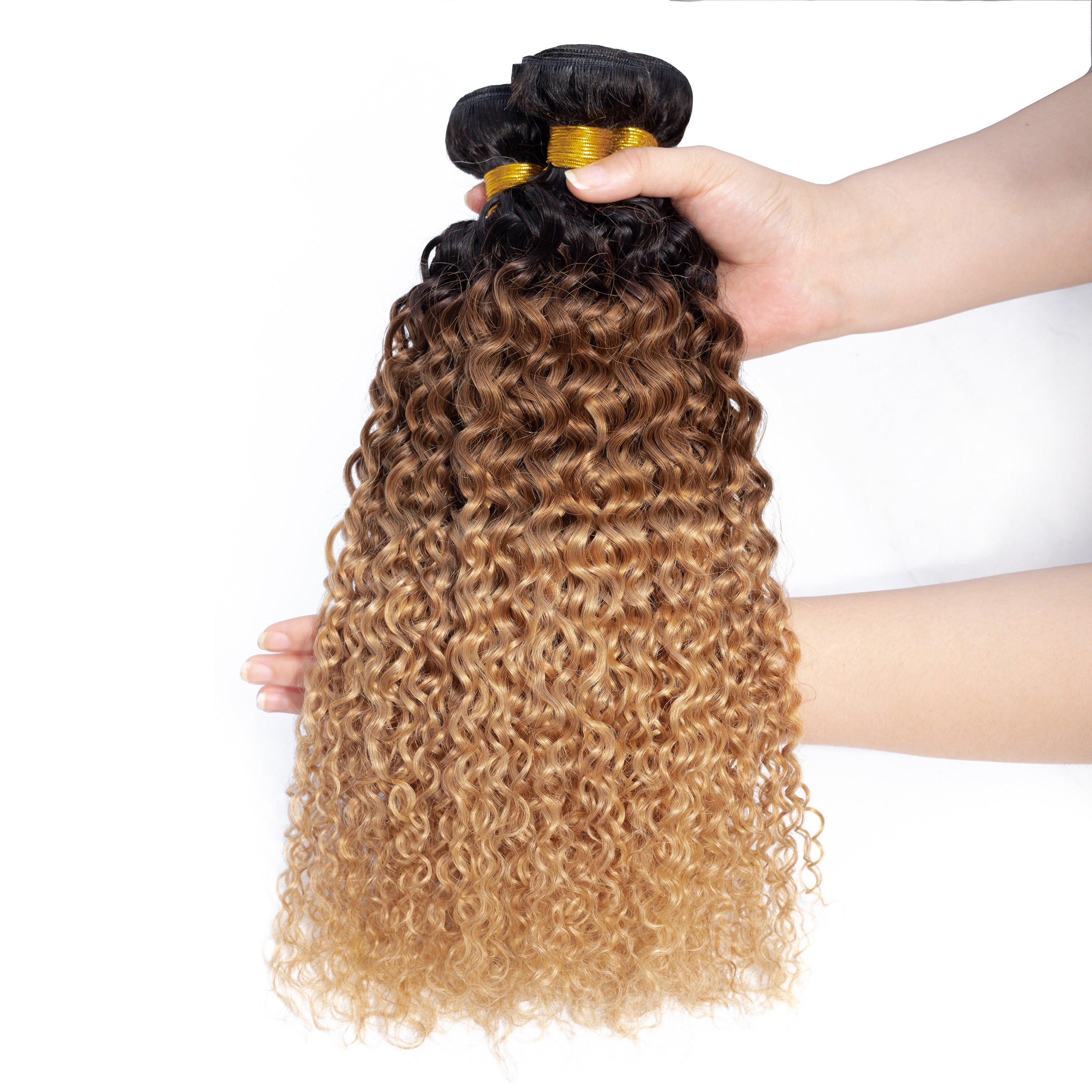 10A Grade Ombre Kinky Curly Hair Bundles with 4x4 Lace Closure, showcasing beautiful curls and vibrant colors.