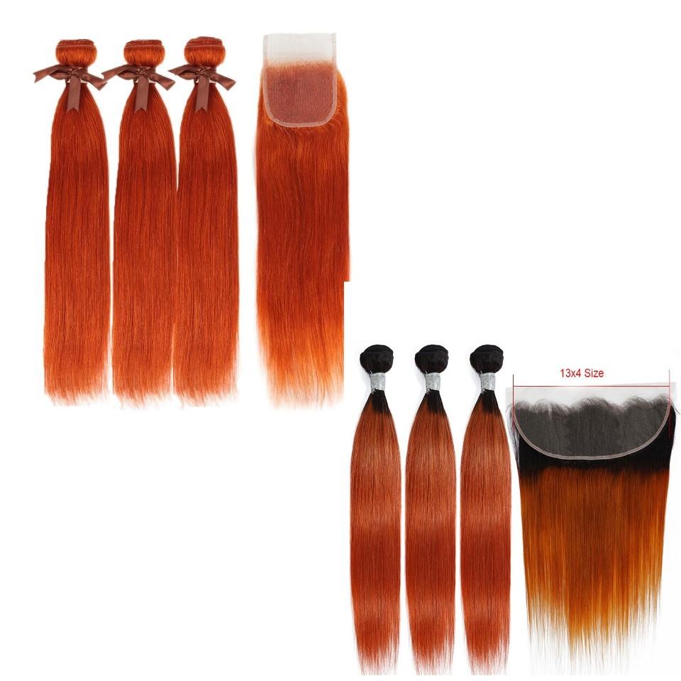 10A Grade Orange #1B/350 Straight hair bundles with closures and frontal, showcasing vibrant color and luxurious texture.