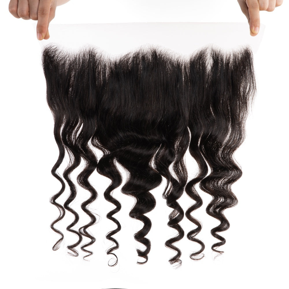 A close-up view of 13×4 Loose Deep Wave Lace Frontals made from 100% virgin human hair, showcasing its natural waves and lace.