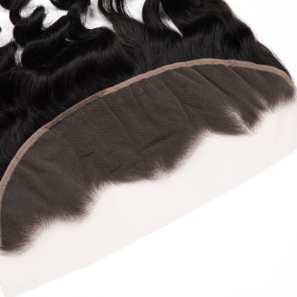 A close-up view of 13×4 Loose Deep Wave Lace Frontals made from 100% virgin human hair, showcasing its natural waves and lace.