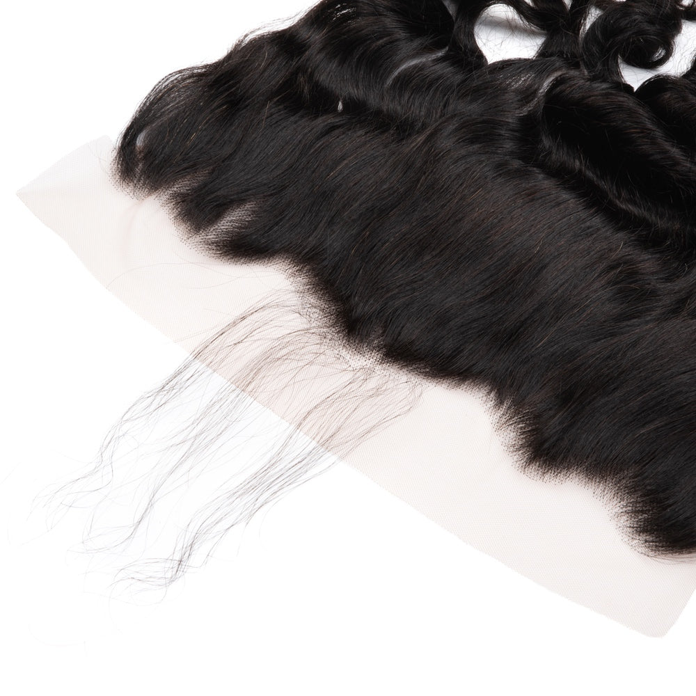 A close-up view of 13×4 Loose Deep Wave Lace Frontals made from 100% virgin human hair, showcasing its natural waves and lace.