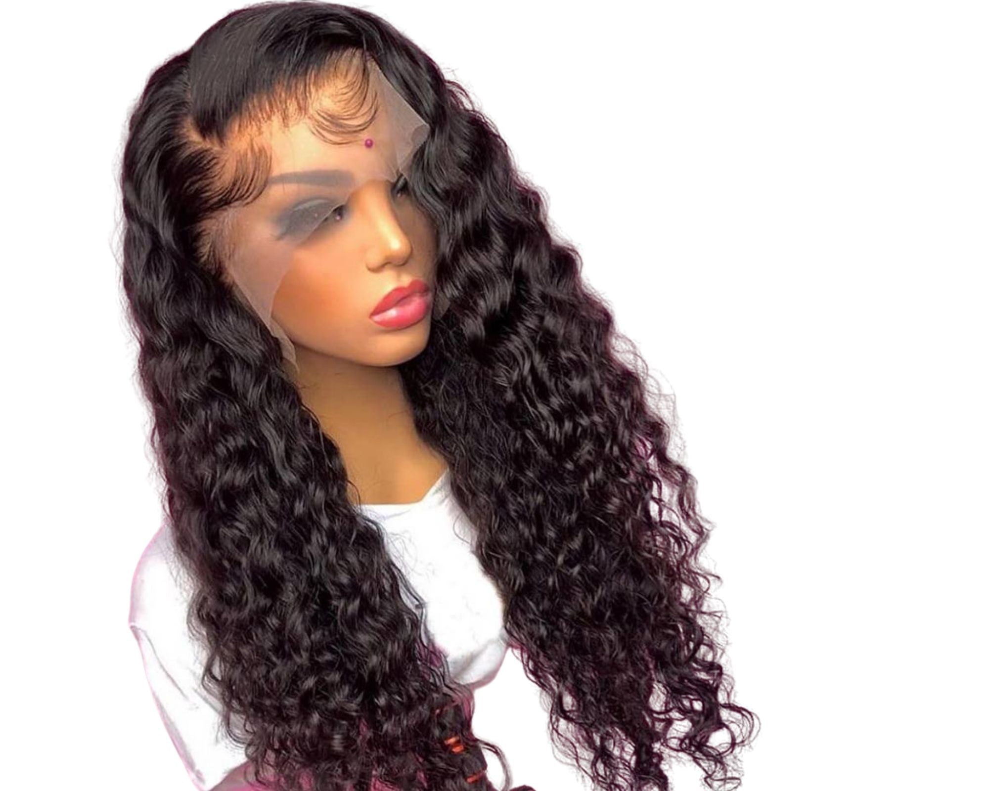 A beautiful 13x4 HD Transparent Lace Frontal Deep Wave Human Hair Wig displayed on a mannequin, showcasing its natural waves and high density.