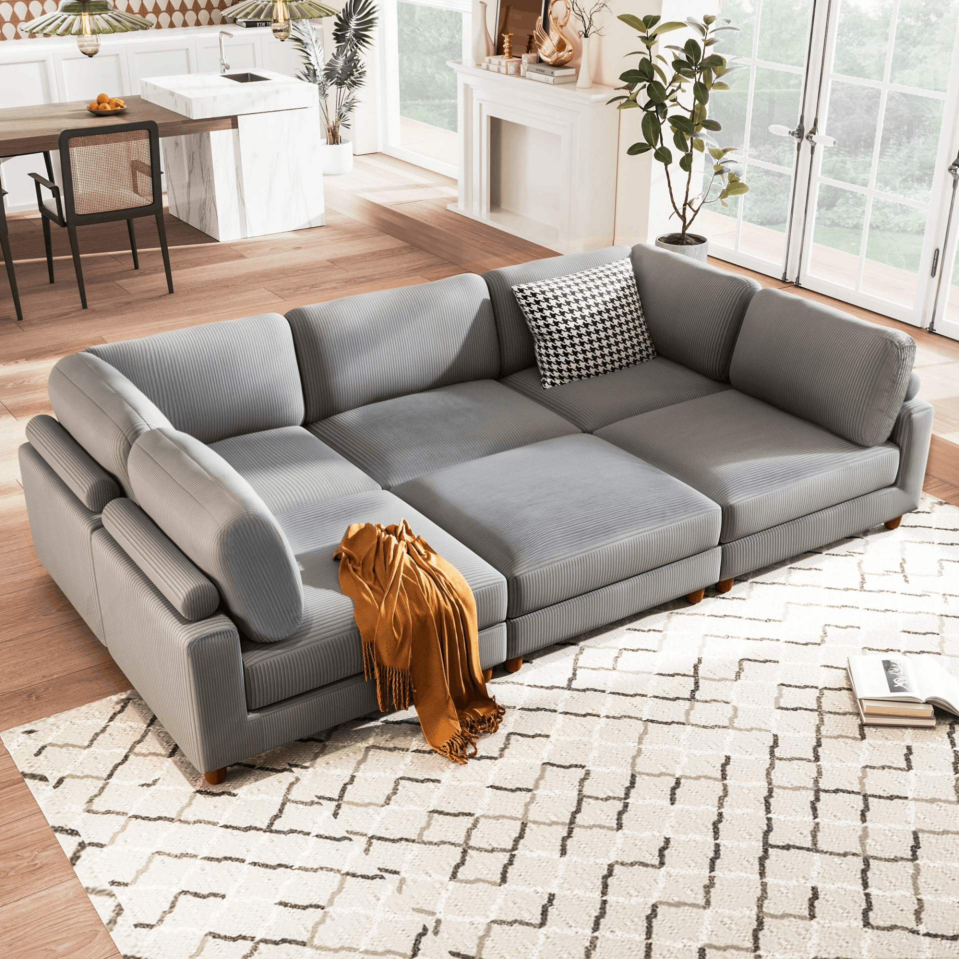 A stylish 163'' modular sectional sofa in grey with an ottoman, featuring plush cushions and elegant wooden legs, perfect for modern living rooms.