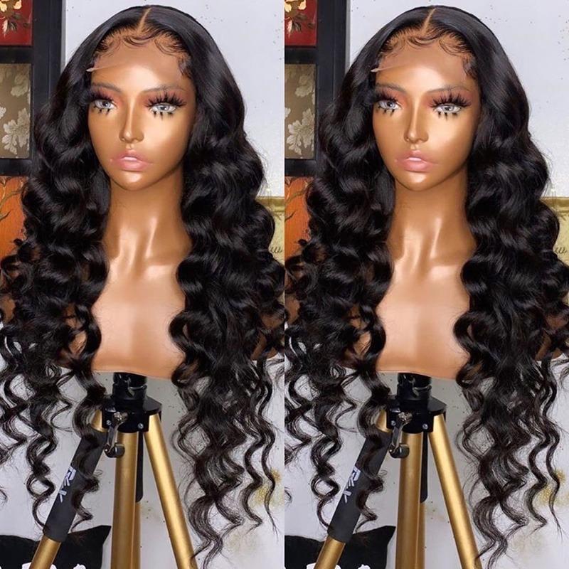 180% Density Full 4x4 Transparent Lace Front Loose Wave Human Hair Wig displayed on a mannequin, showcasing its natural waves and high-quality lace.
