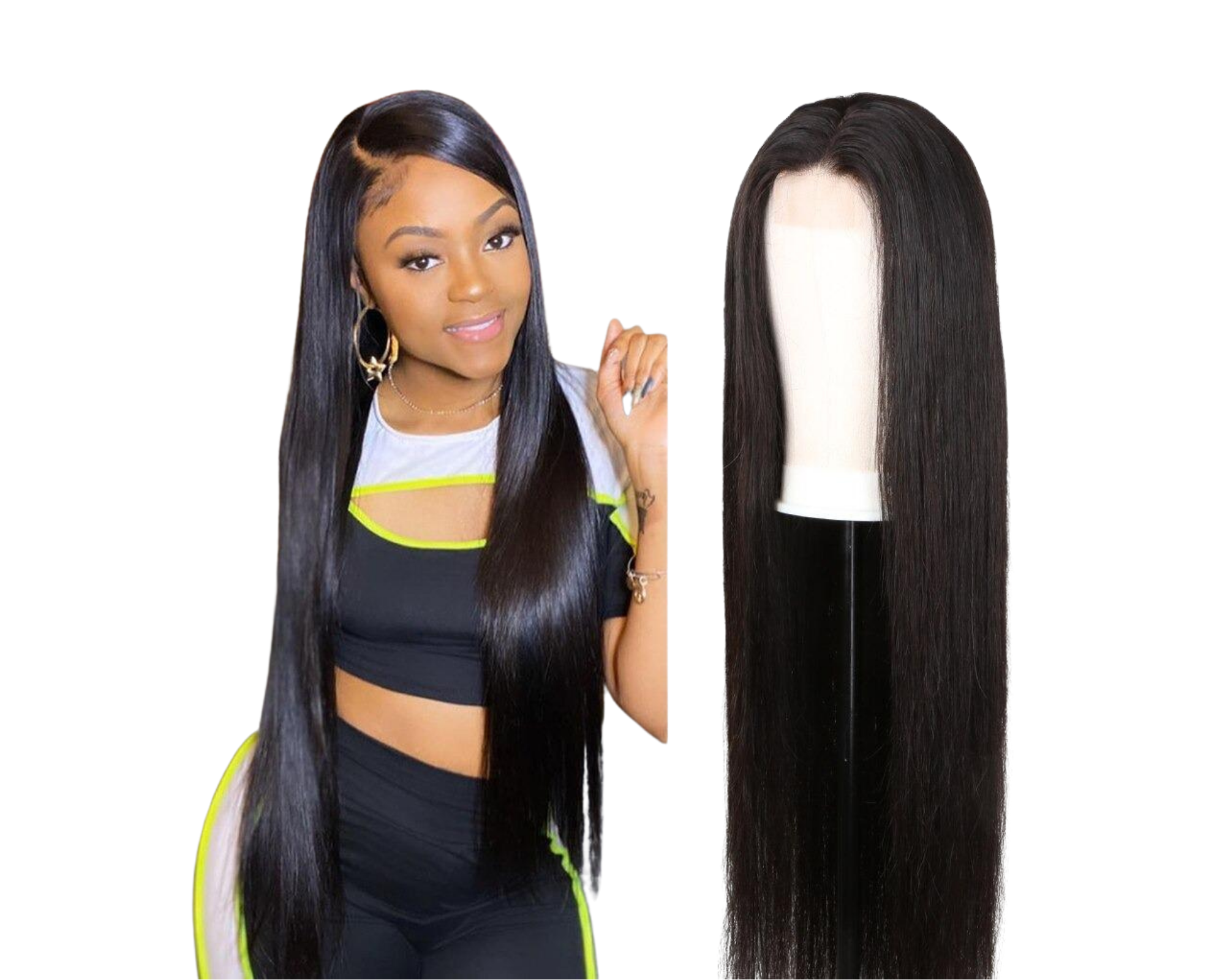 A 180% density full 4x4 transparent lace front straight human hair wig displayed on a mannequin, showcasing its natural look and high-quality remy hair.