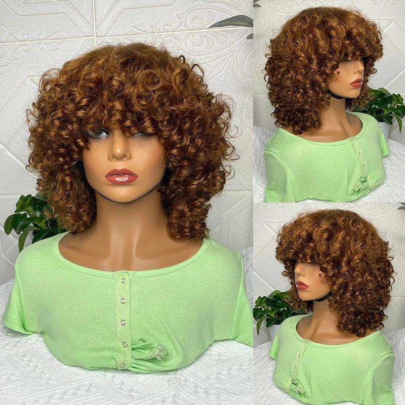 180% Density Rose Curly Short Bob Wig with Bangs, made from 100% human hair, featuring a natural black color and soft texture.