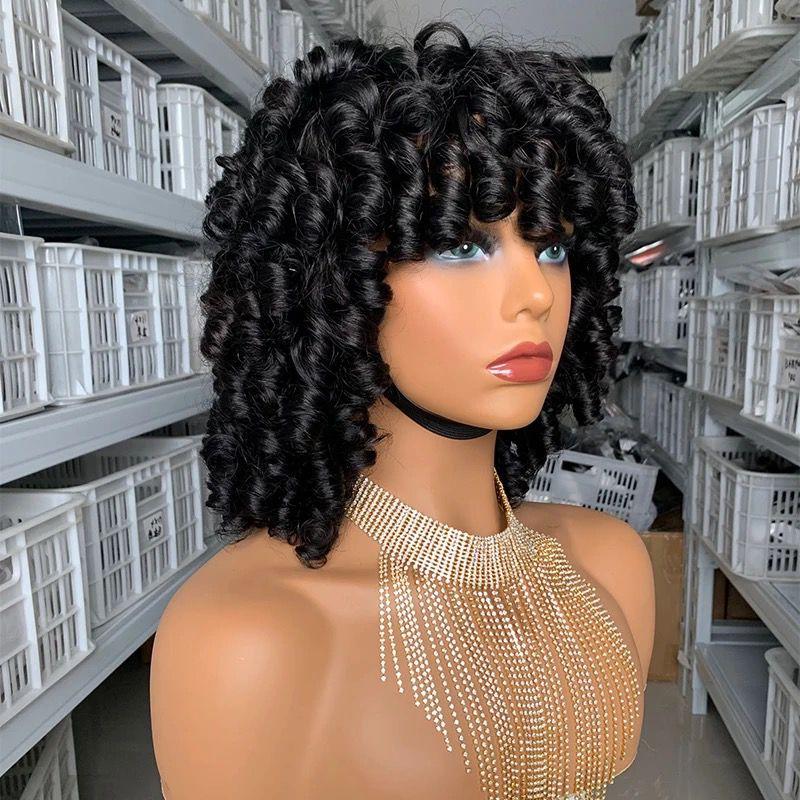 180% Density Rose Curly Short Bob Wig with Bangs, made from 100% human hair, featuring a natural black color and soft texture.