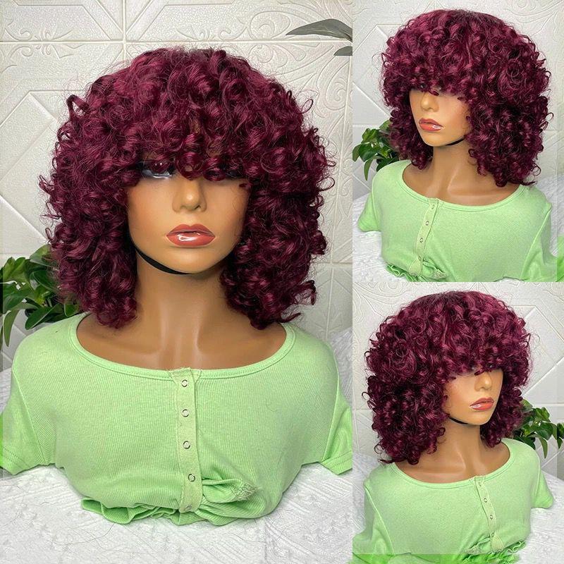 180% Density Rose Curly Short Bob Wig with Bangs, made from 100% human hair, featuring a natural black color and soft texture.