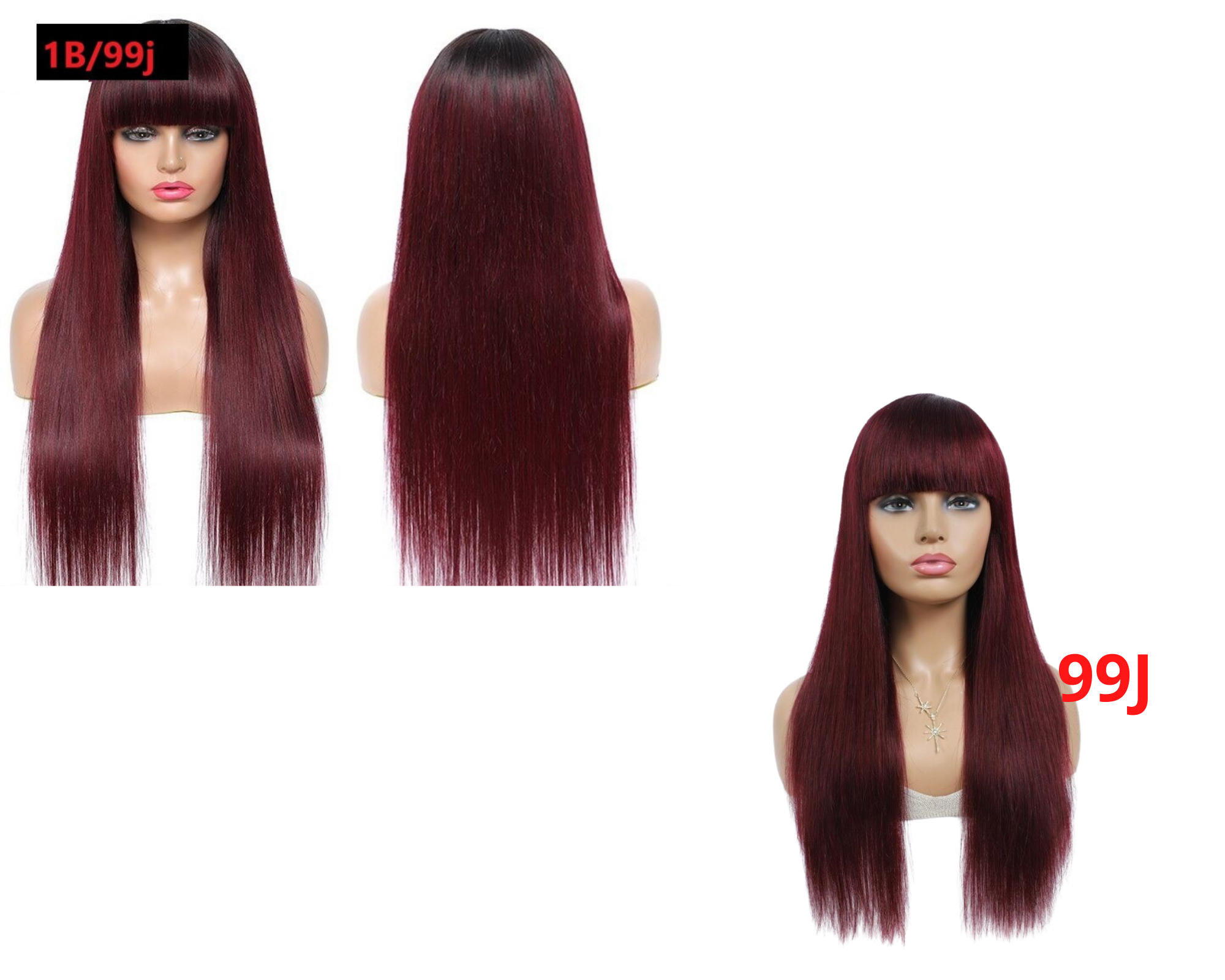 A beautiful #1B/99J Brazilian Straight Human Hair Wig with Bangs, showcasing a rich burgundy color and sleek straight texture.