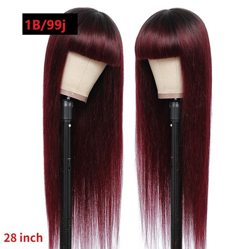 A beautiful #1B/99J Brazilian Straight Human Hair Wig with Bangs, showcasing a rich burgundy color and sleek straight texture.