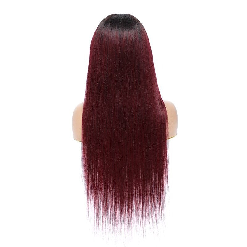 A beautiful #1B/99J Brazilian Straight Human Hair Wig with Bangs, showcasing a rich burgundy color and sleek straight texture.