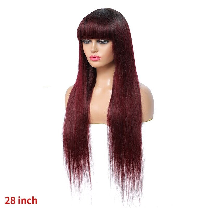 A beautiful #1B/99J Brazilian Straight Human Hair Wig with Bangs, showcasing a rich burgundy color and sleek straight texture.