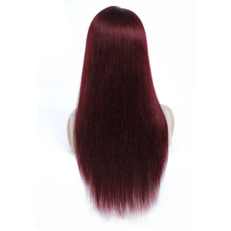 A beautiful #1B/99J Brazilian Straight Human Hair Wig with Bangs, showcasing a rich burgundy color and sleek straight texture.