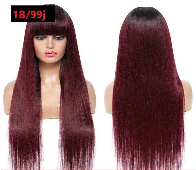 A beautiful #1B/99J Brazilian Straight Human Hair Wig with Bangs, showcasing a rich burgundy color and sleek straight texture.