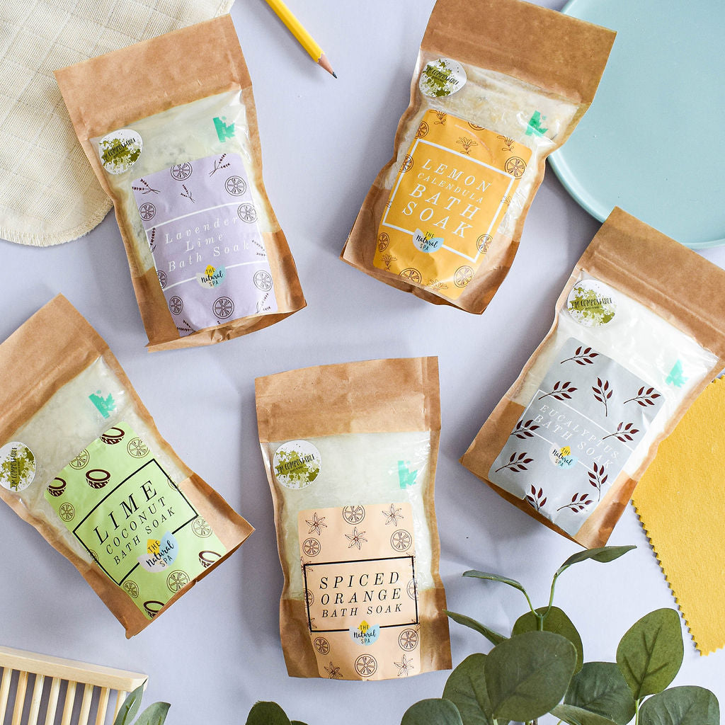 1kg Eucalyptus Bath Soak in a compostable pouch, showcasing natural bath crystals and eco-friendly packaging.