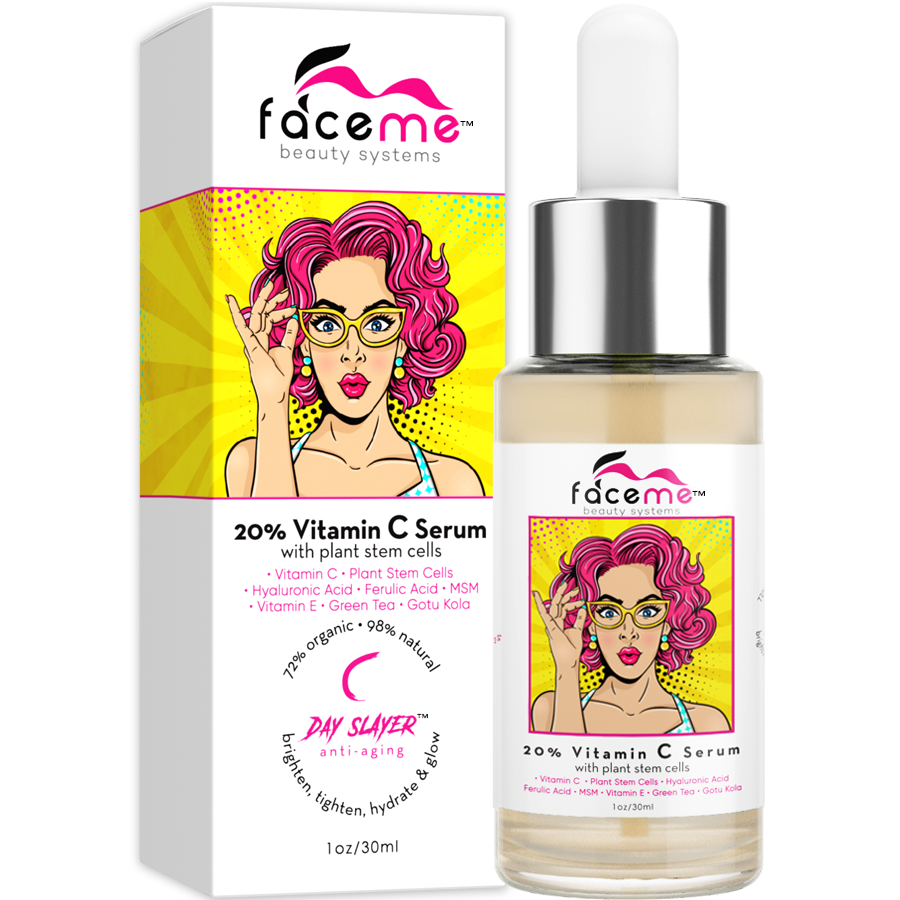 A bottle of 20% Vitamin C Serum with a dropper, showcasing its bright and vibrant packaging, ideal for skincare enthusiasts.