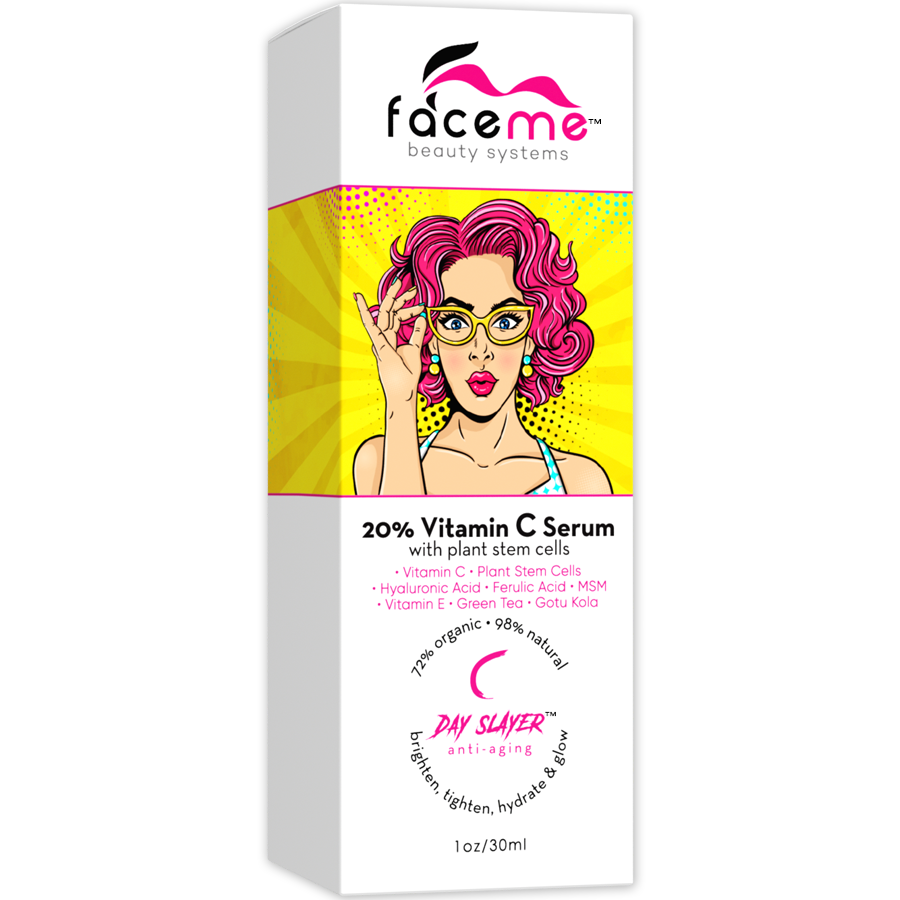 A bottle of 20% Vitamin C Serum with a dropper, showcasing its bright and vibrant packaging, ideal for skincare enthusiasts.