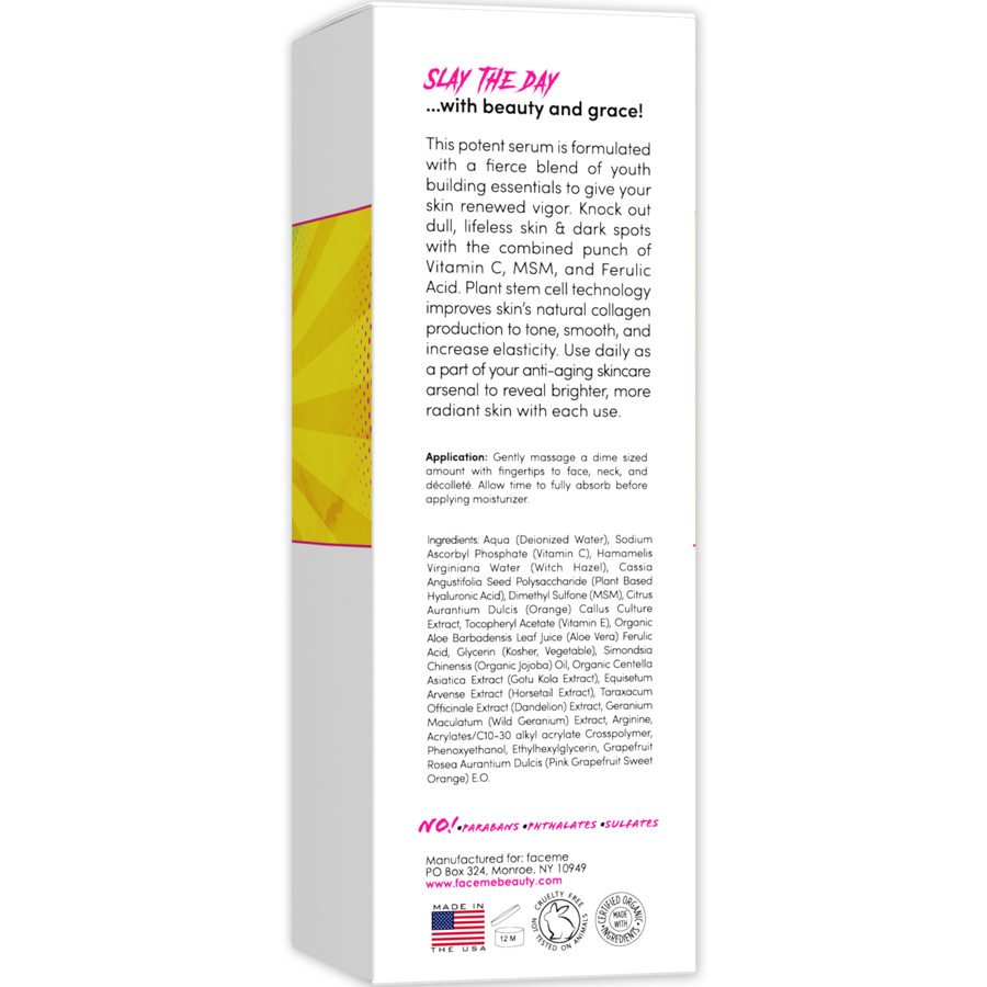 A bottle of 20% Vitamin C Serum with a dropper, showcasing its bright and vibrant packaging, ideal for skincare enthusiasts.