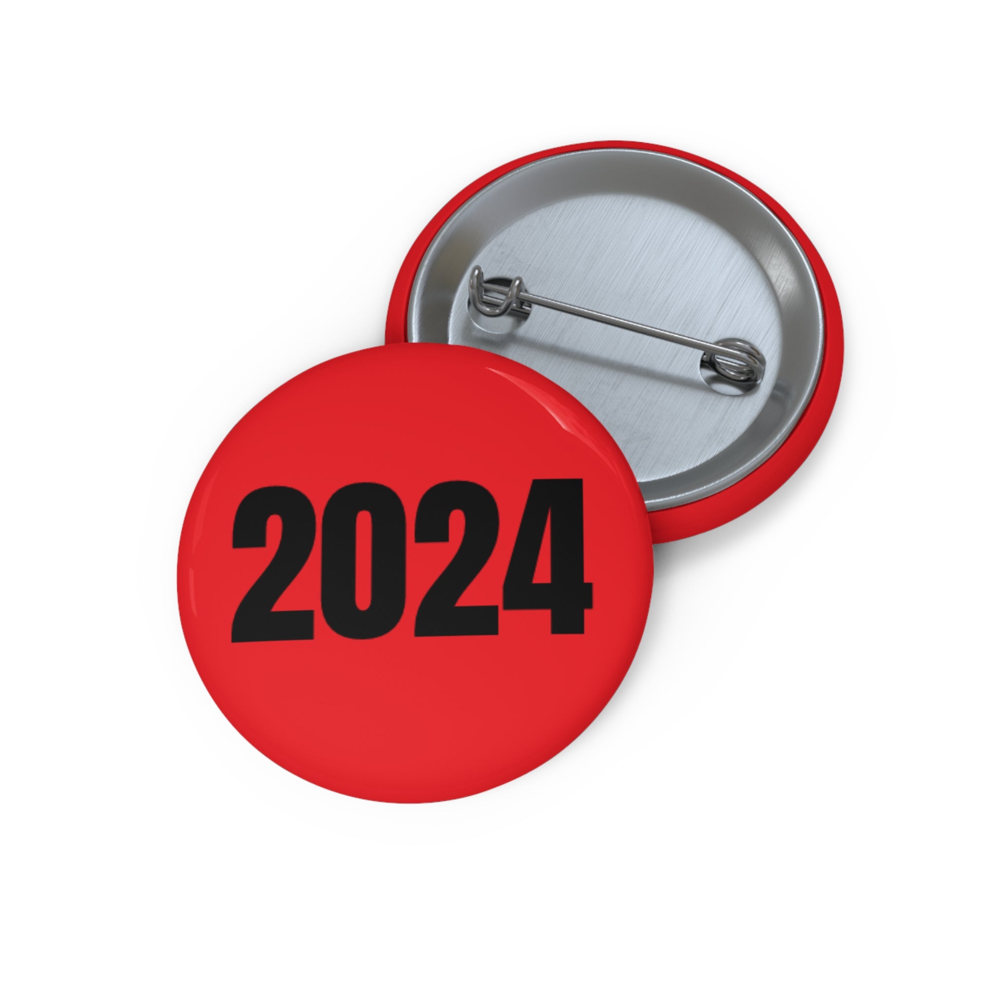 2024 Red Pin Button featuring a glossy finish and strong safety pin backing, available in three sizes.