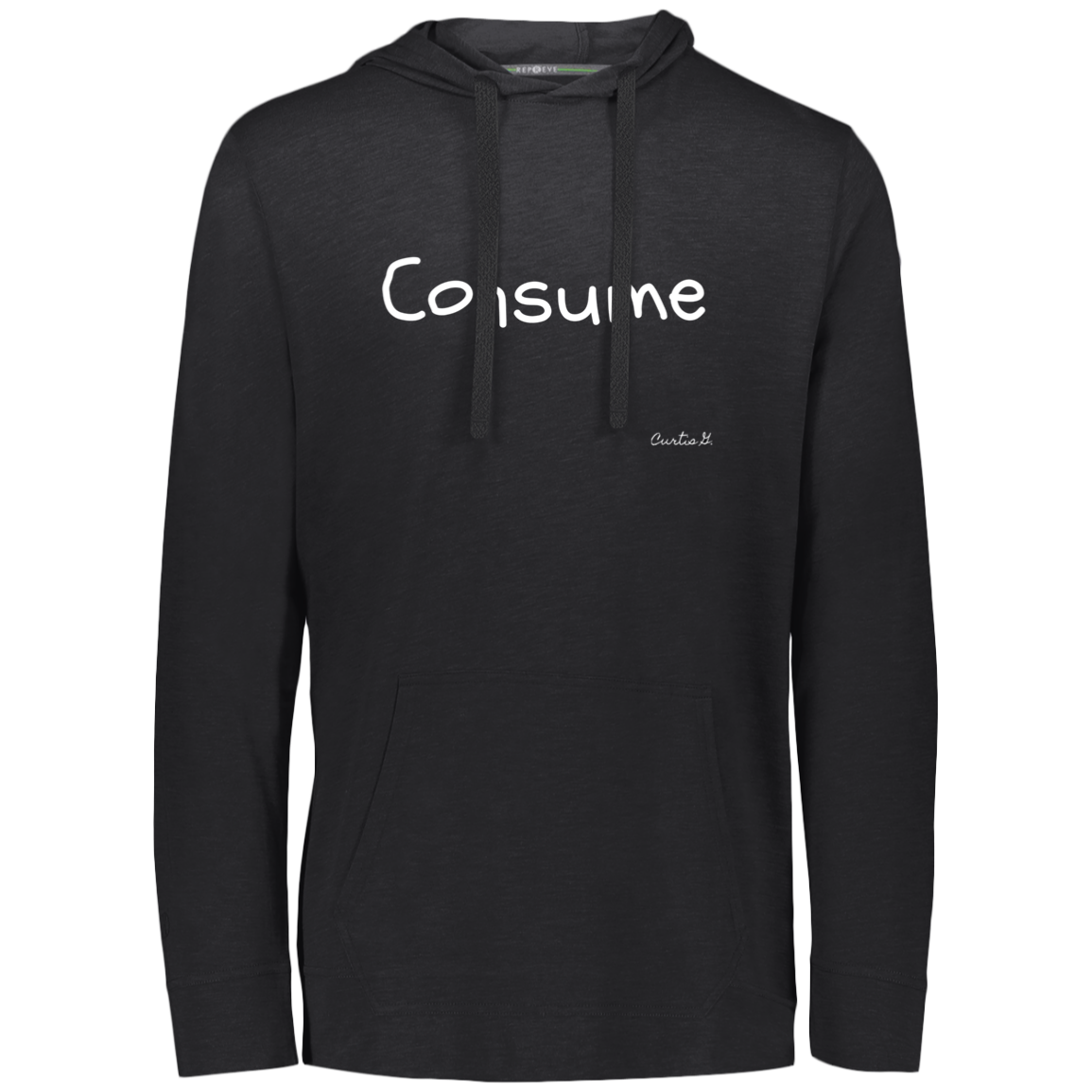 A stylish 222577 Eco Triblend T-Shirt Hoodie made from recycled materials, featuring a front pouch pocket and set-in sleeves.