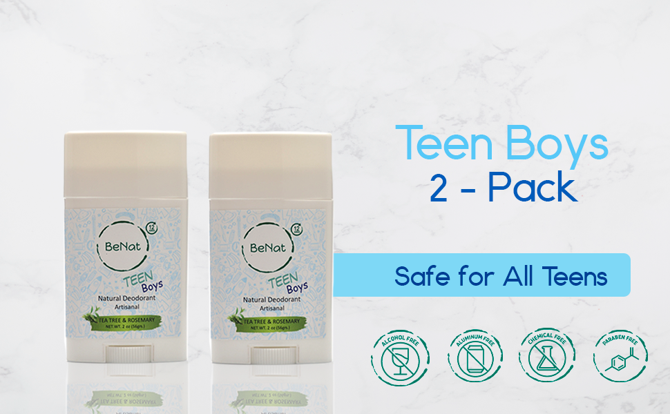 Two all-natural deodorants for kids and teens in a pack, featuring a colorful design and eco-friendly packaging.