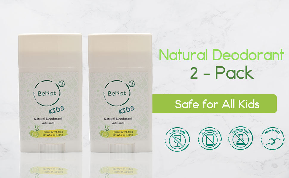 Two all-natural deodorants for kids and teens in a pack, featuring a colorful design and eco-friendly packaging.